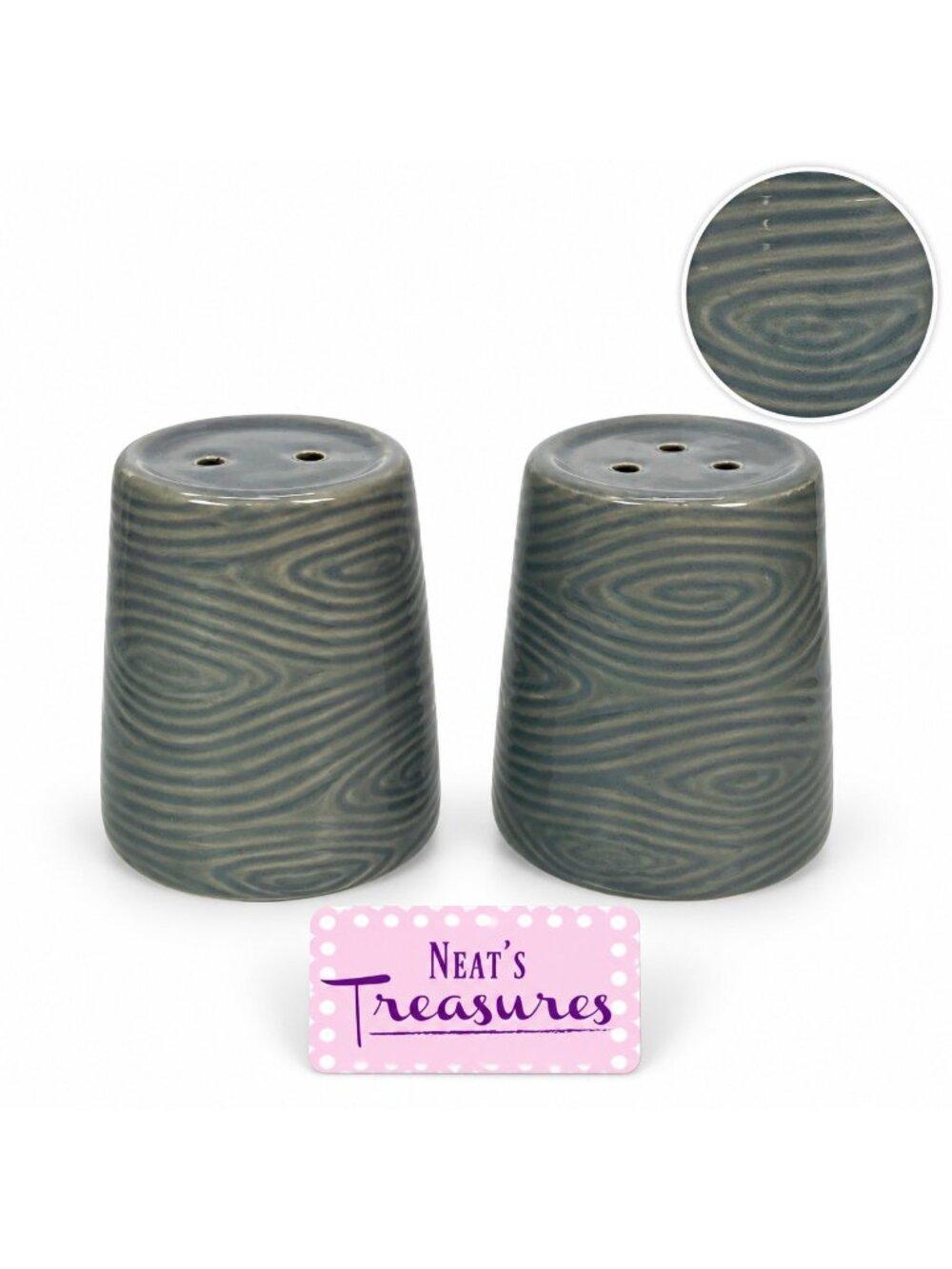 Temptations By Tara WOODLAND Gray Ceramic Texture 2.5" Salt & Pepper Shaker Set